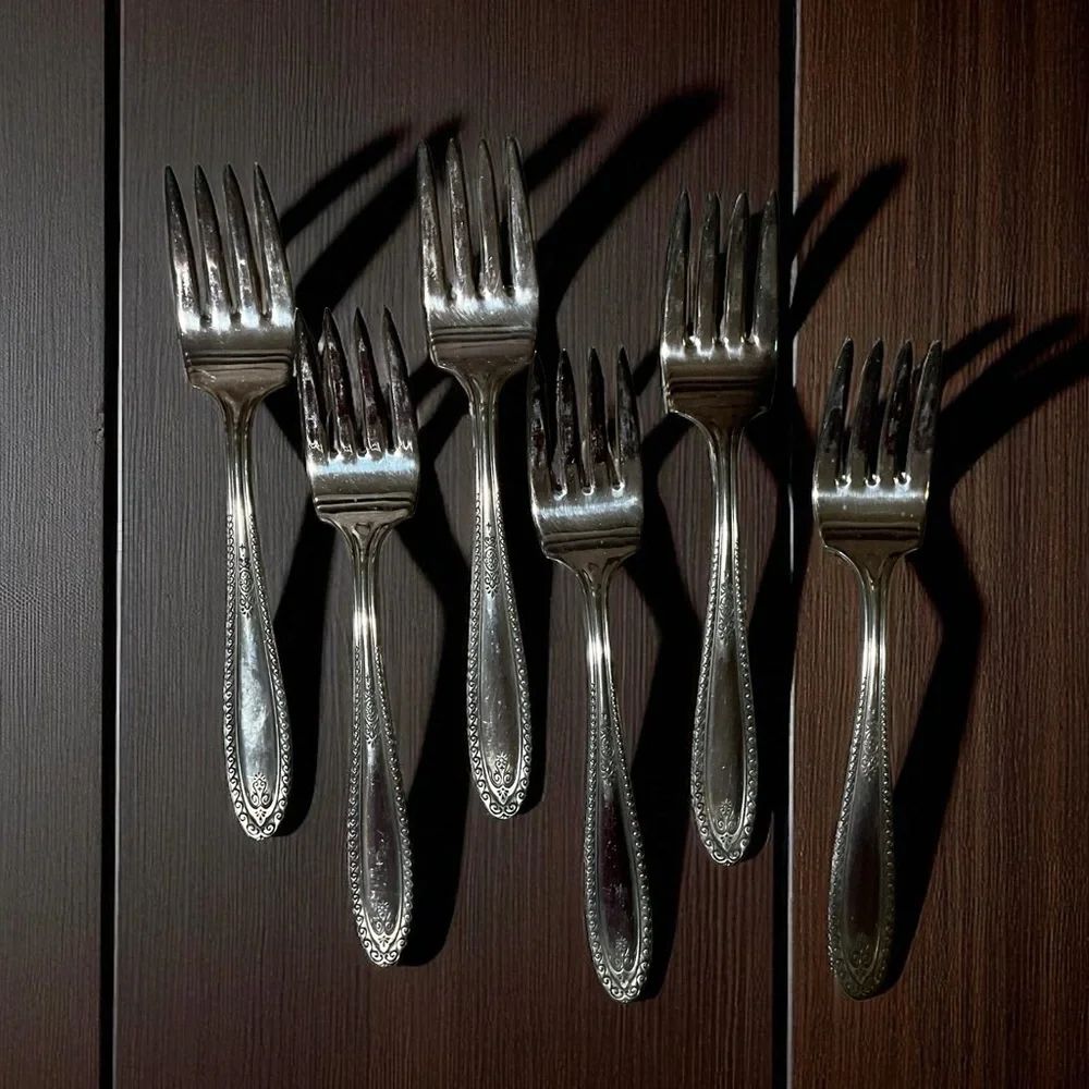 Six Fashion Plate Dessert Forks Vintage